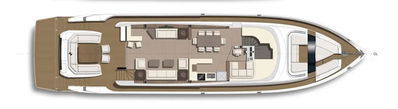 Luxury yacht interior layout featuring seating areas, dining table, and kitchen space, designed for comfort and relaxation.