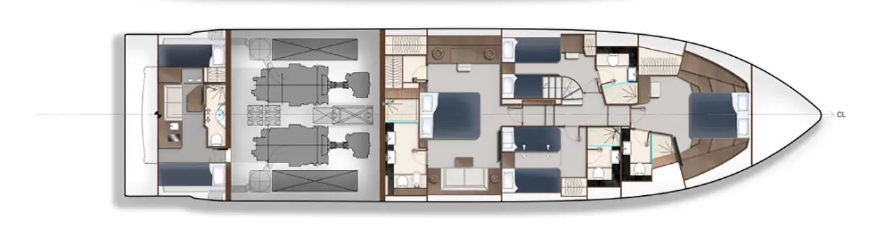Boat floor plan showing living spaces, cabins, and engines with detailed layout for design and navigation.