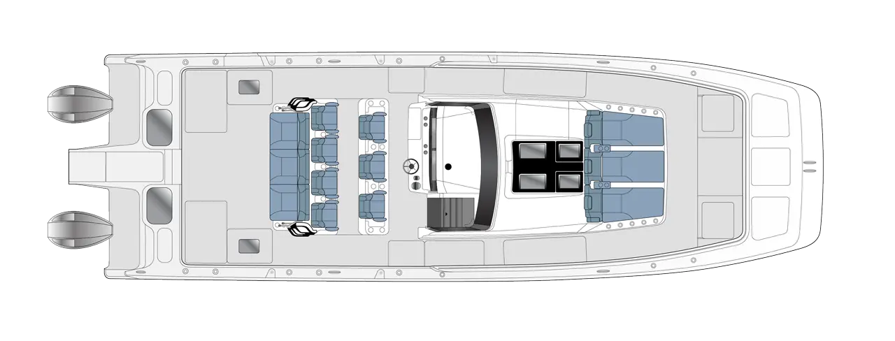 Top view of a boat layout featuring blue seating areas, a console with controls, and twin outboard motors.