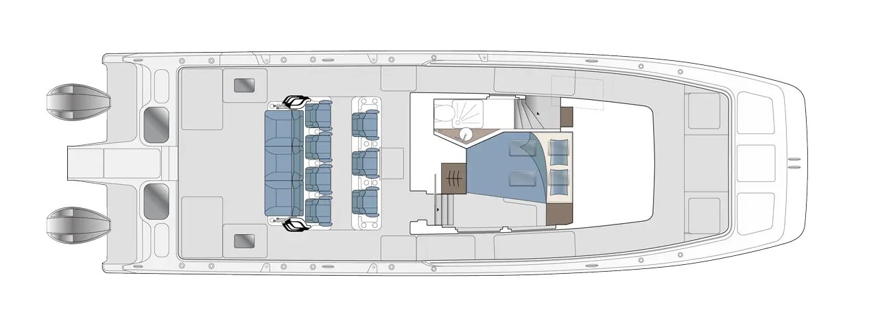 Top view of a boat interior layout showing seating arrangements, stairs, and a living area with a bed and furniture.