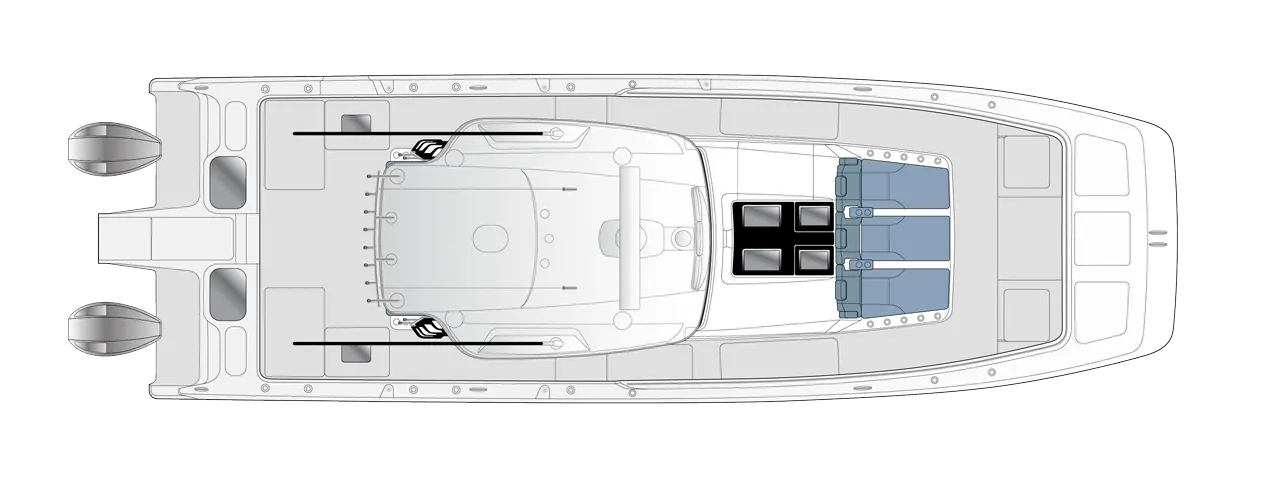 Top view of a boat layout featuring seating arrangements, controls, and storage compartments in a detailed blueprint style.