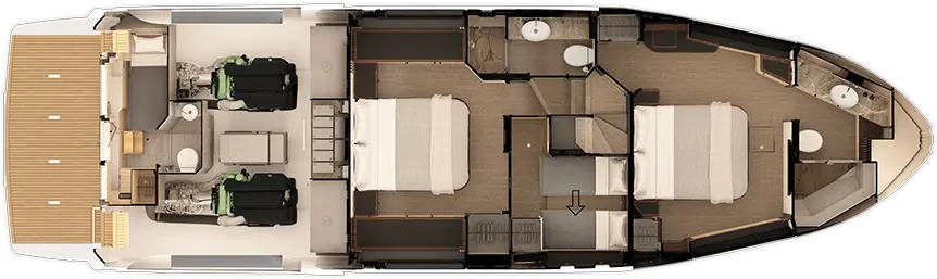 Luxury yacht floor plan featuring two bedrooms, bathrooms, lounge area, and kitchen, designed for comfort and style.