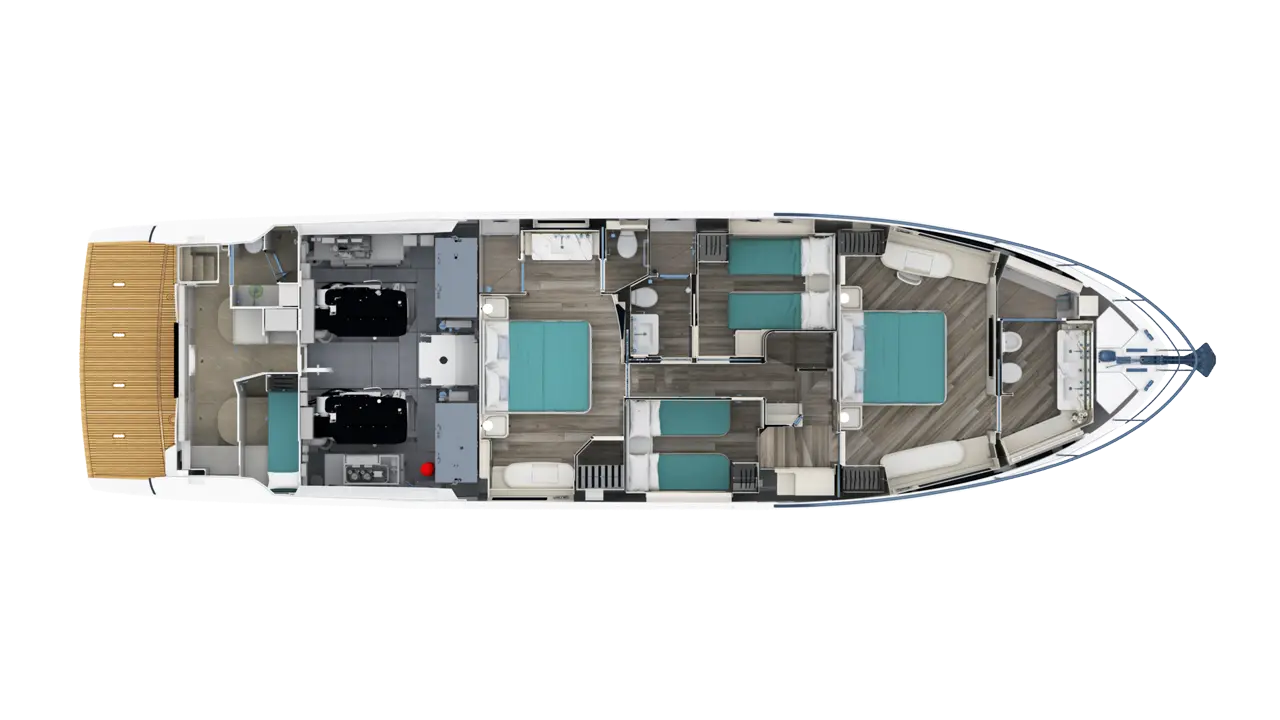 Top view of a boat interior, showing two cabins, a dining area, and a kitchen with teal bedding and wooden flooring.