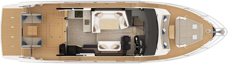 A top-down view of a spacious yacht interior featuring seating areas, a helm, and outdoor lounge space, with modern design elements.