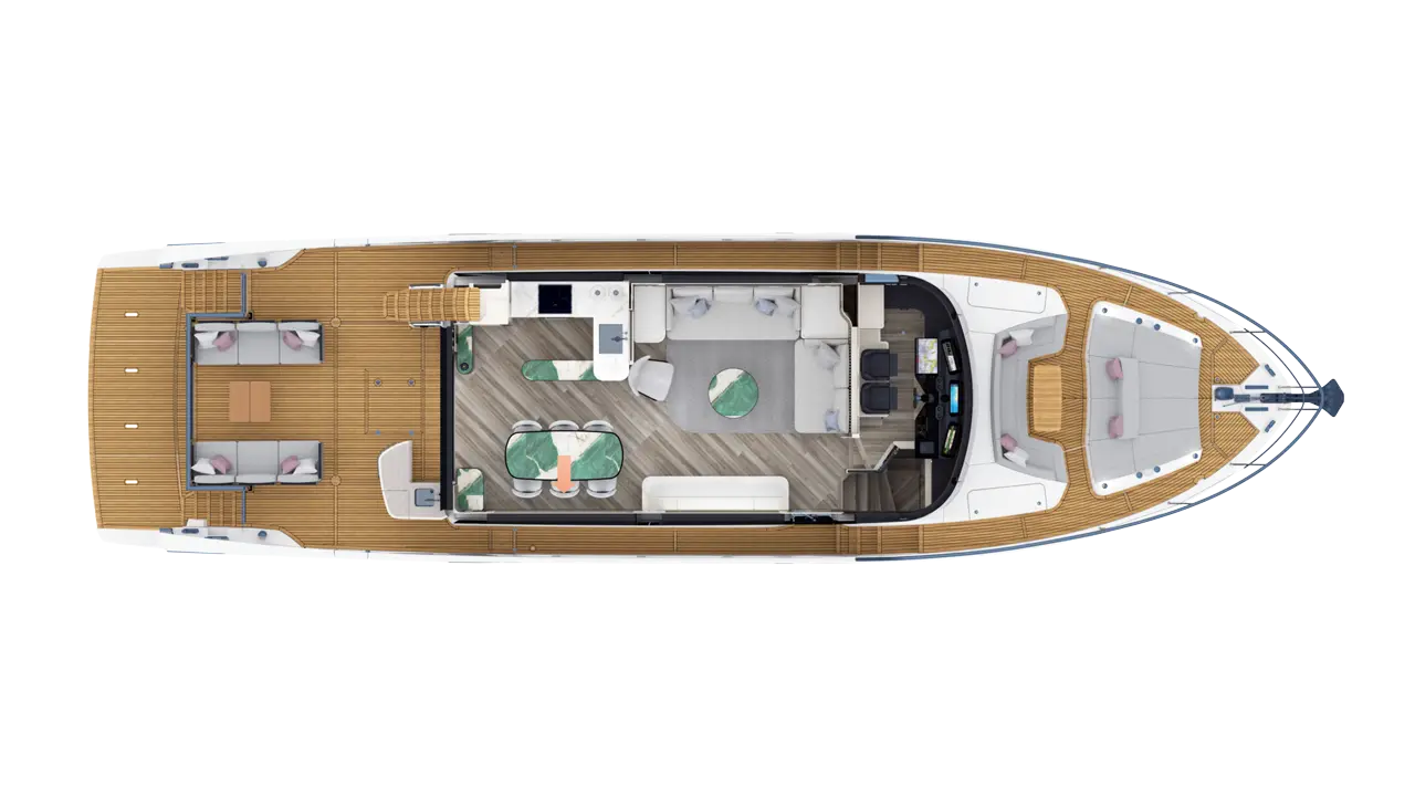 Luxury yacht interior layout with lounge, dining area, kitchen, and outdoor seating on a polished wood deck.