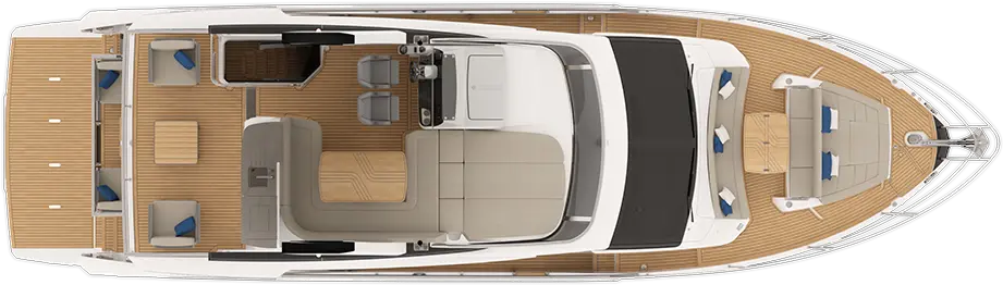 Aerial view of a luxury yacht deck featuring seating areas, a steering console, and a sunbathing section.