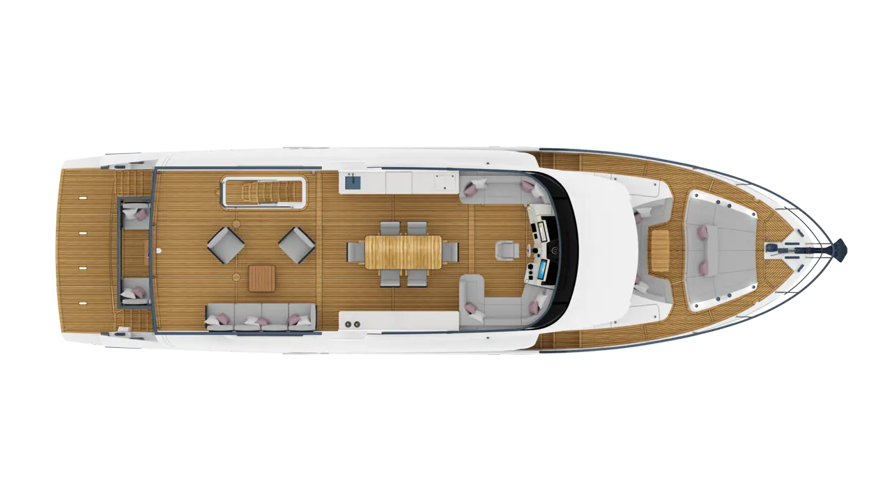 Aerial view of a luxury yacht deck with lounge seating, dining table, and kitchen area on a polished wooden surface.