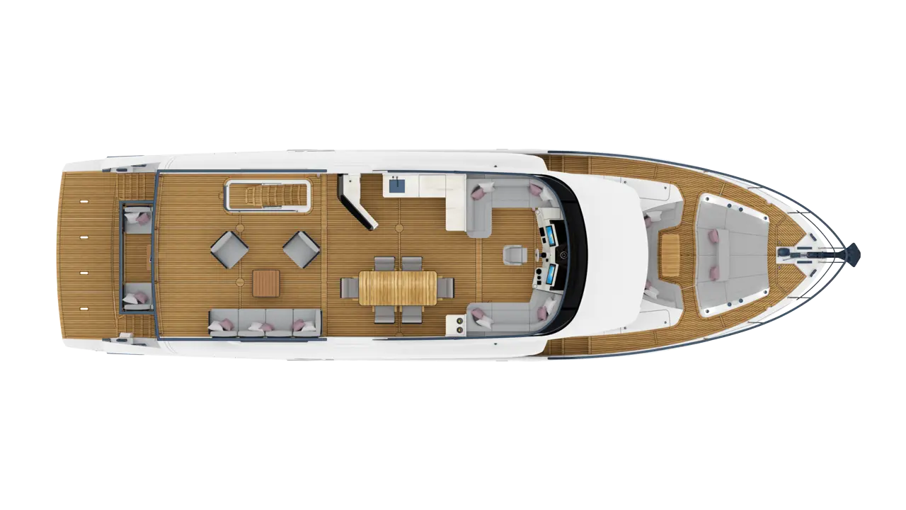 Aerial view of a yacht's deck featuring seating areas, a dining table, and a helm, showcasing an upscale nautical design.