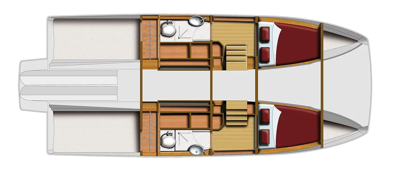 Boat interior layout featuring two cabins with red beds, storage areas, and bathrooms, centered around a staircase.