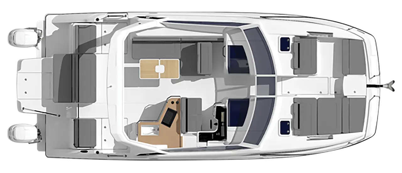 Top view of a modern boat interior featuring seating areas, a small table, and a helm station, designed for recreational use.
