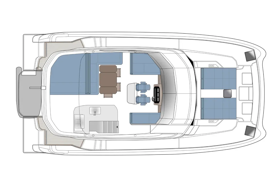 Interior layout of a modern yacht showcasing seating areas, tables, and a navigation space with modern furniture.