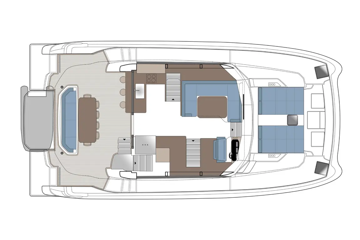 Top view layout of a modern yacht cabin with a dining area, kitchen, and seating spaces in blue and brown tones.