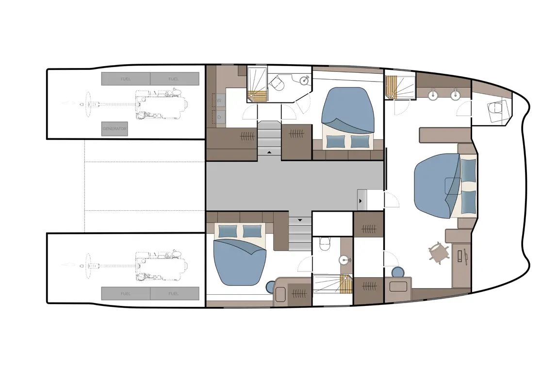Boat interior layout with two bedrooms, living area, kitchen, and storage for fuel and generator indicated.