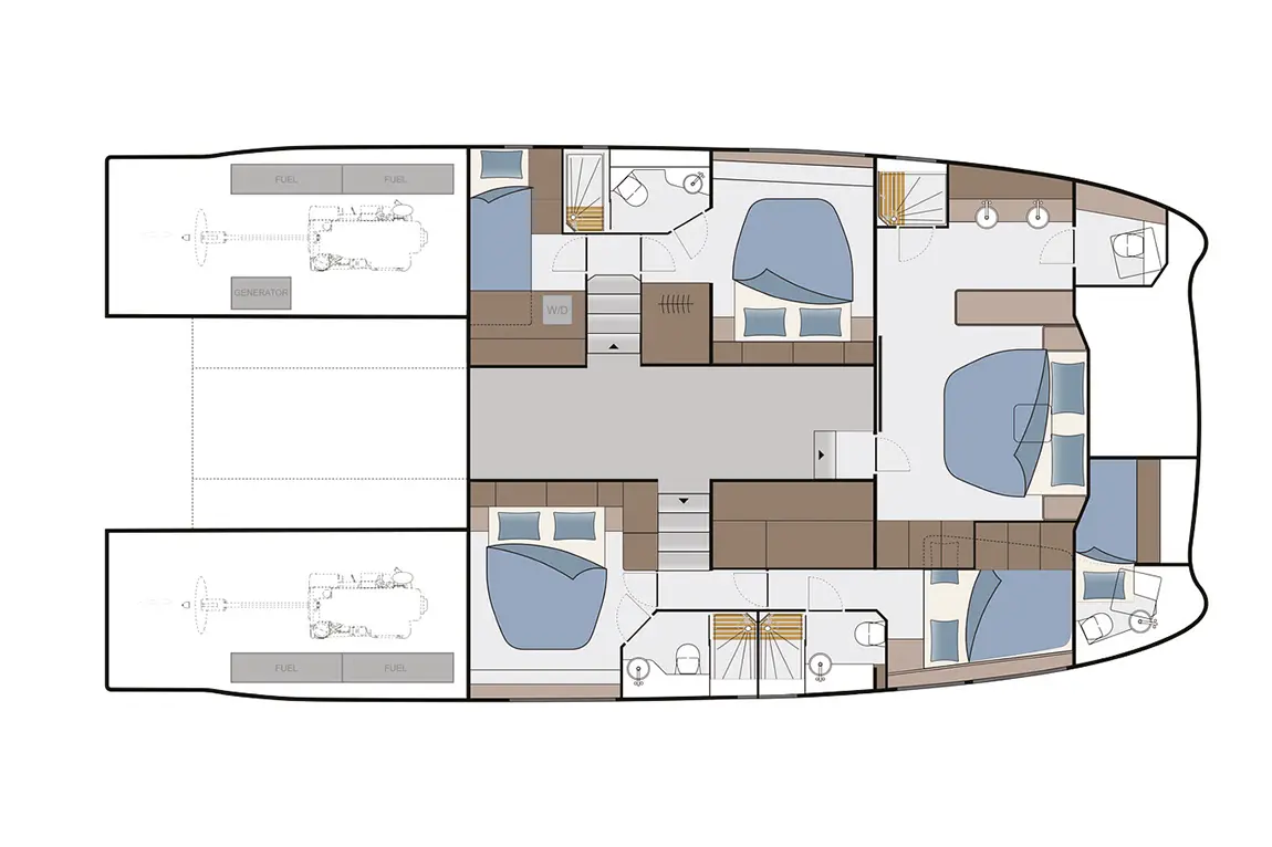 Interior layout of a yacht, featuring bedrooms, salon, kitchen, and engine room, with labels for fuel and generator.