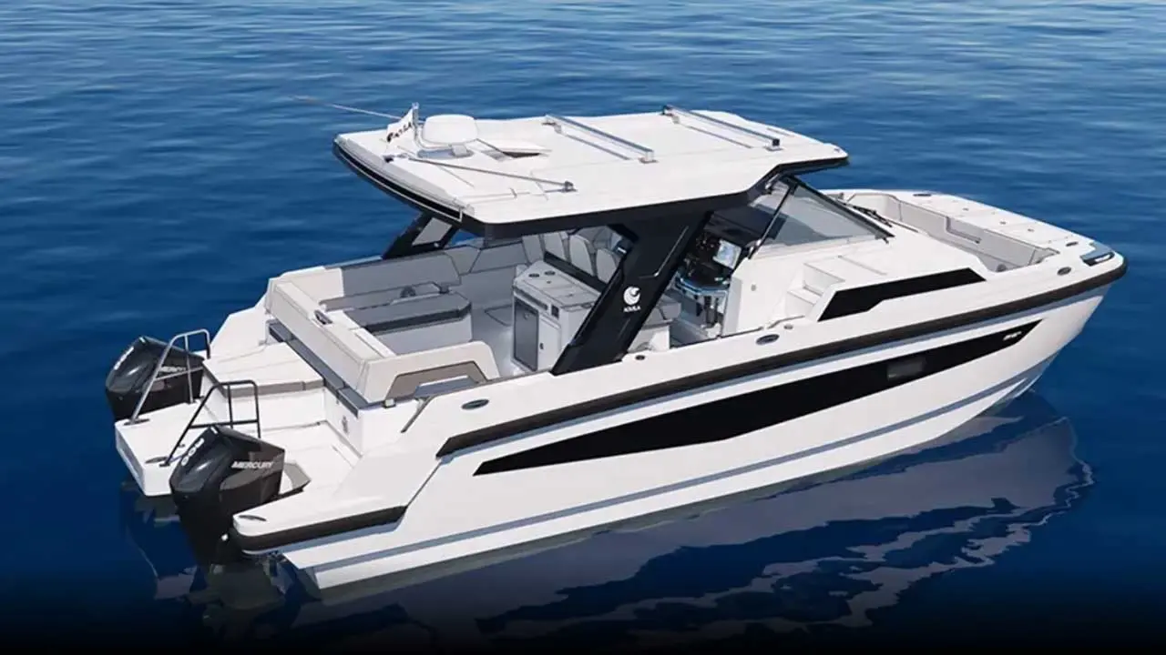White cabin motorboat with twin Mercury outboard engines floating on calm blue sea.