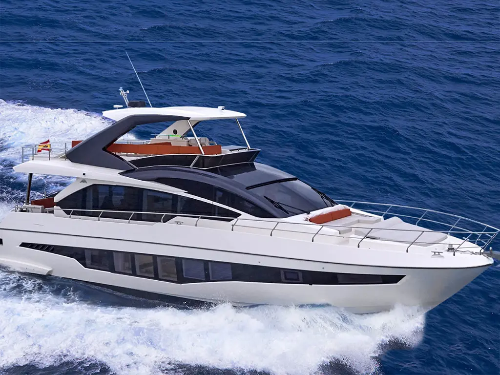 Luxury yacht cruising through blue ocean waters, showcasing sleek design and modern features.