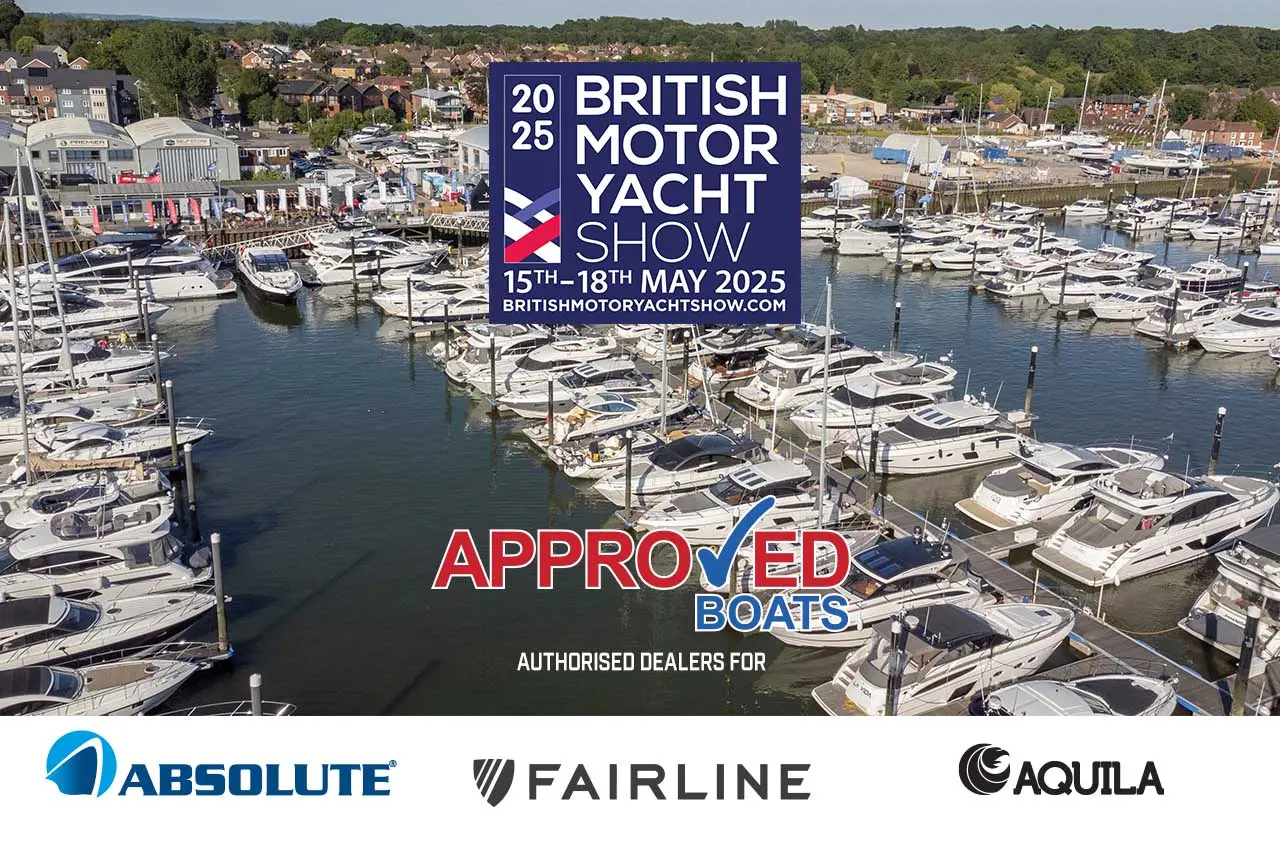 aerial view of a marina filled with boats, featuring the 2025 British Motor Yacht Show dates and 