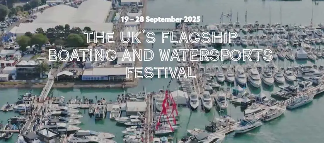 Aerial view of a marina filled with boats, promoting the UK’s flagship Boating and Watersports Festival, 19-28 September 2025.