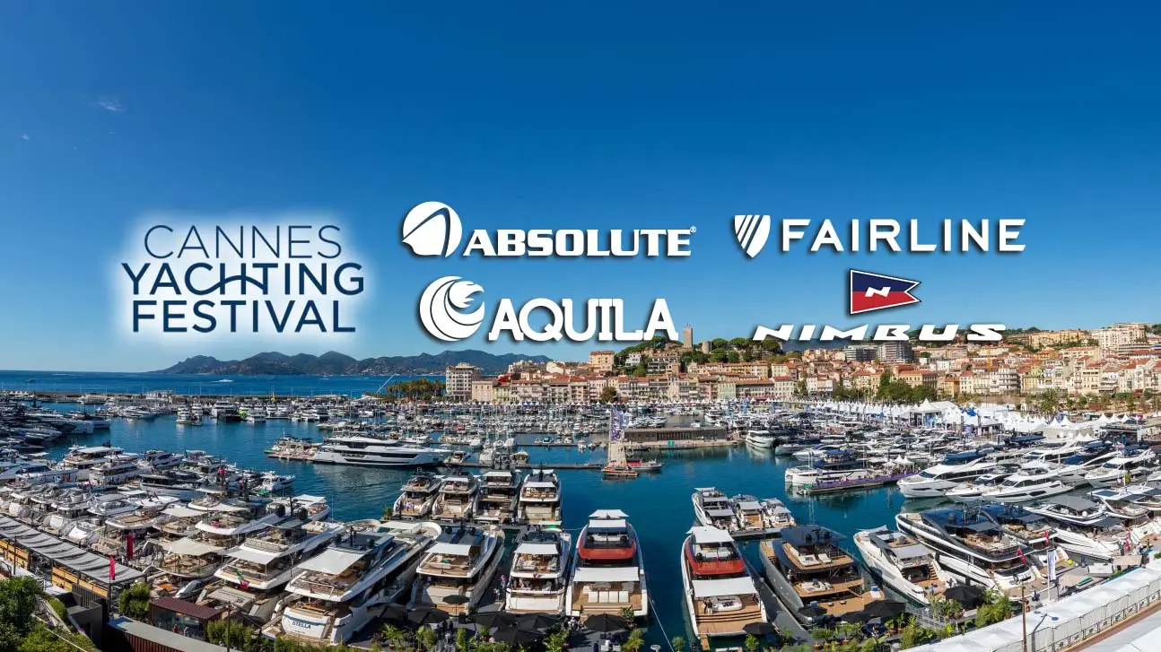 Cannes Yachting Festival marina packed with yachts, featuring Absolute, Fairline, Aquila and Nimbus logos.