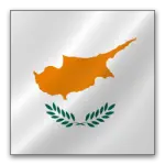 Flag of Cyprus featuring an orange map of the island and green olive branches on a white background.