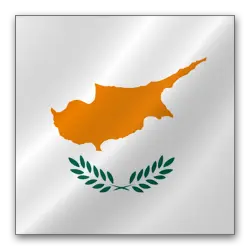 Cyprus flag featuring an orange map silhouette and green olive branches on a white field, symbolizing peace.