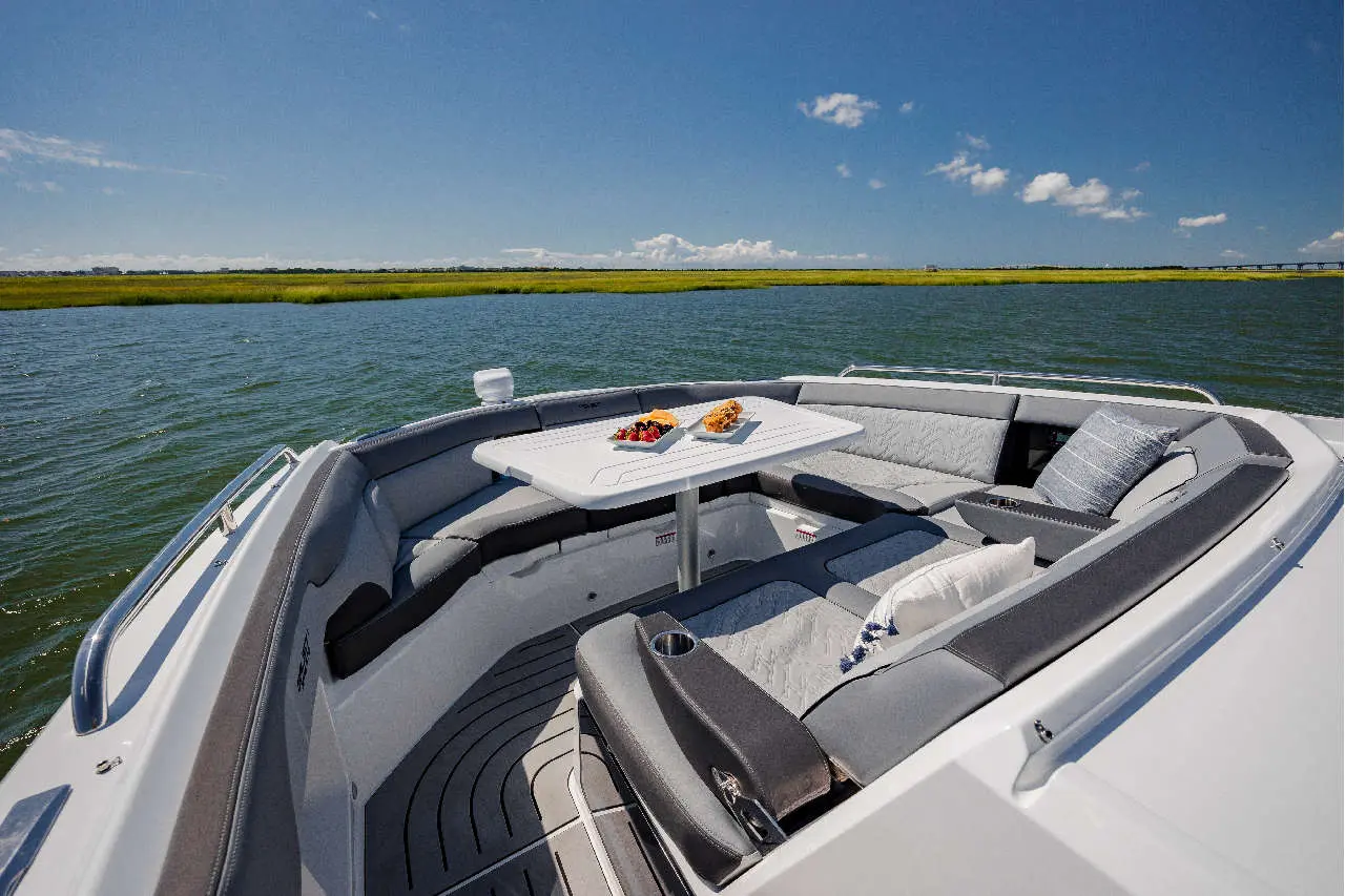 Luxury boat interior with a table set for snacks, surrounded by water and green reeds under a clear blue sky.