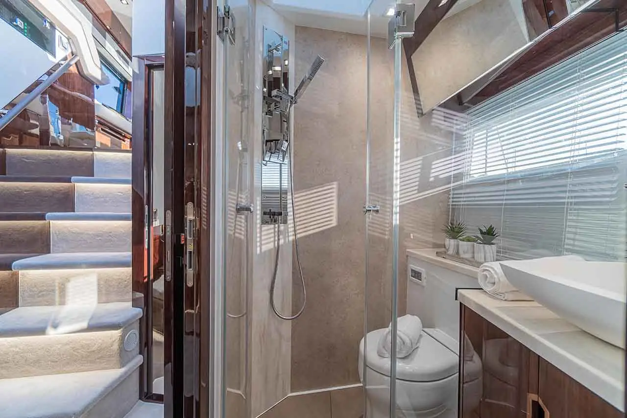 Modern yacht bathroom featuring a shower, toilet, towels, and potted plants, with steps leading to another deck.