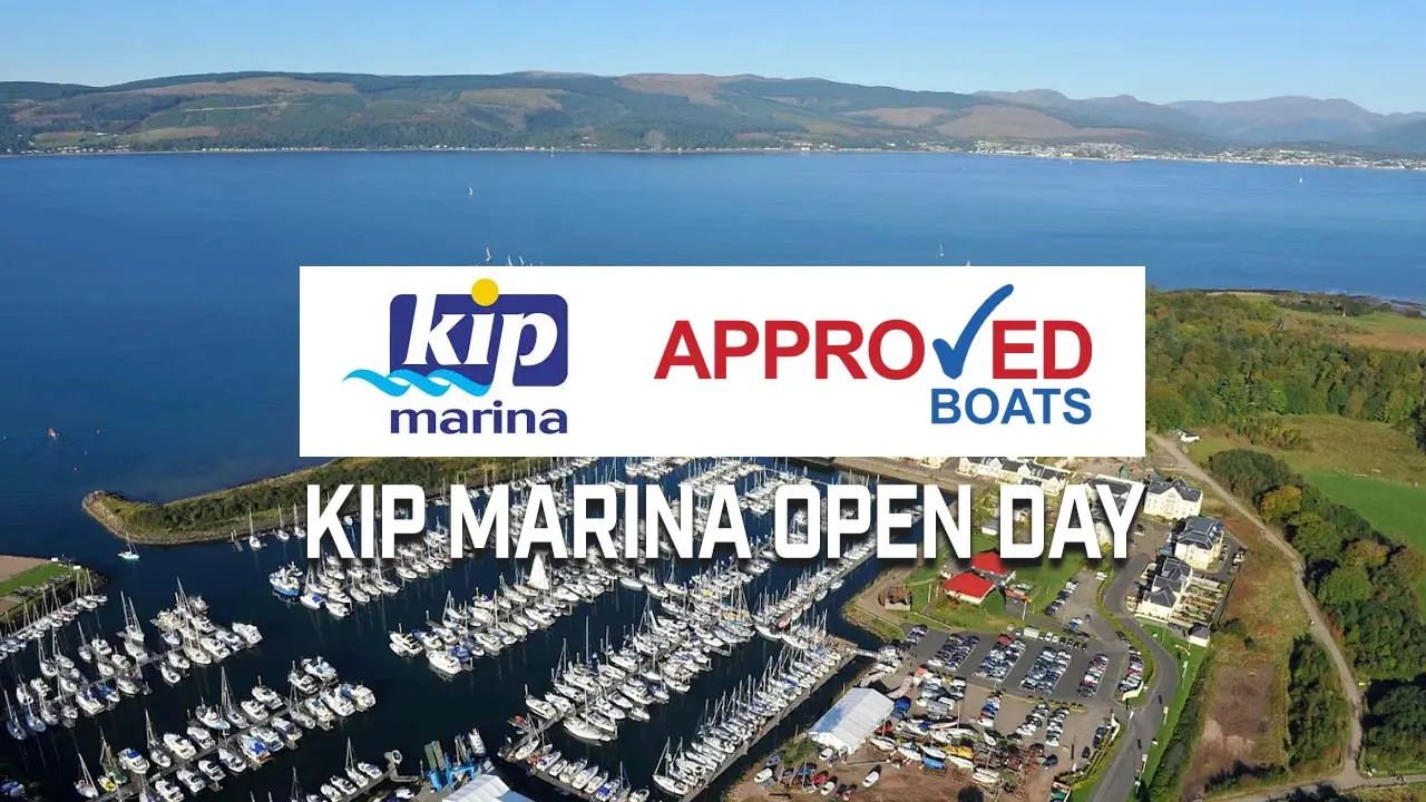 Aerial view of Kip Marina, showcasing boats and coastline, with text: 