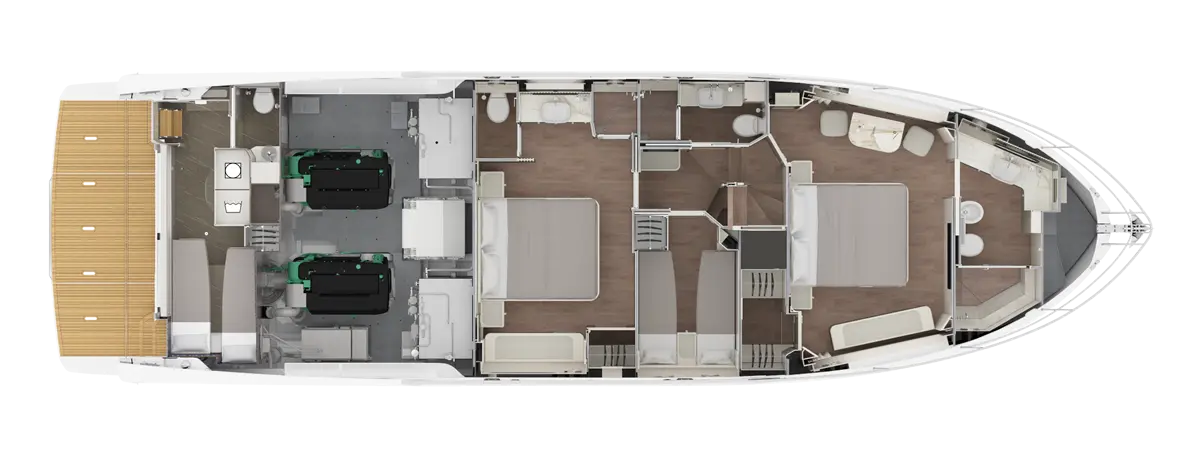 Layout of a yacht interior showcasing a salon, bedrooms, bathrooms, and a kitchen area with modern furnishings.