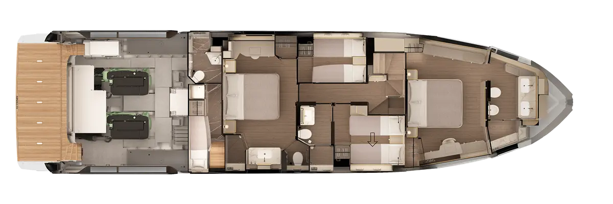 Interior layout of a boat featuring multiple bedrooms, bathrooms, and living areas, showcasing a modern design and functionality.