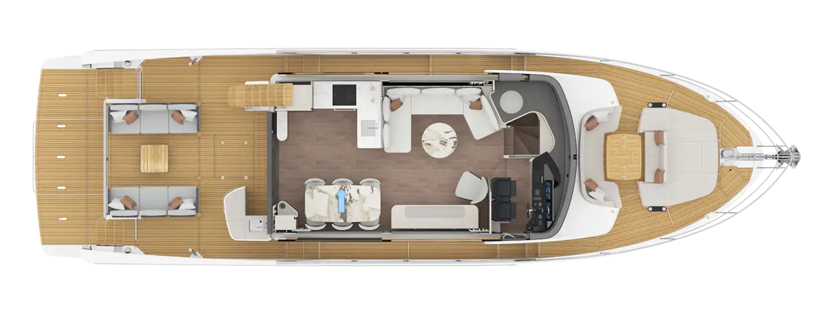Aerial view of a modern yacht interior, featuring seating areas, a kitchen, dining space, and wooden deck.