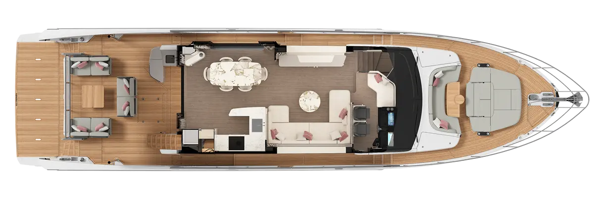 Boat interior layout featuring an open-plan design with seating, dining area, kitchen, and helm station, all with modern decor.