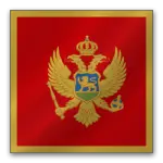 Flag of Montenegro featuring a golden coat of arms with a double-headed eagle, crown, and blue shield on a red background.