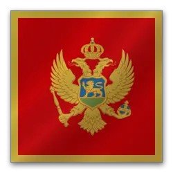 Flag of Montenegro featuring a golden two-headed eagle, crowned, with a shield depicting a lion on a red background.