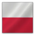 Polish flag featuring horizontal stripes of white and red with a reflective sheen, enclosed in a black border.