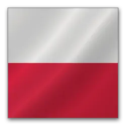 Polish flag featuring a horizontal layout with a white top half and a red bottom half, displayed with a glossy effect.