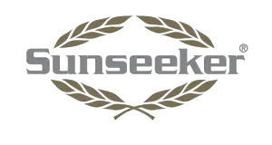 Logo of Sunseeker, featuring the brand name in silver between two gold-laurel branches on a black background.