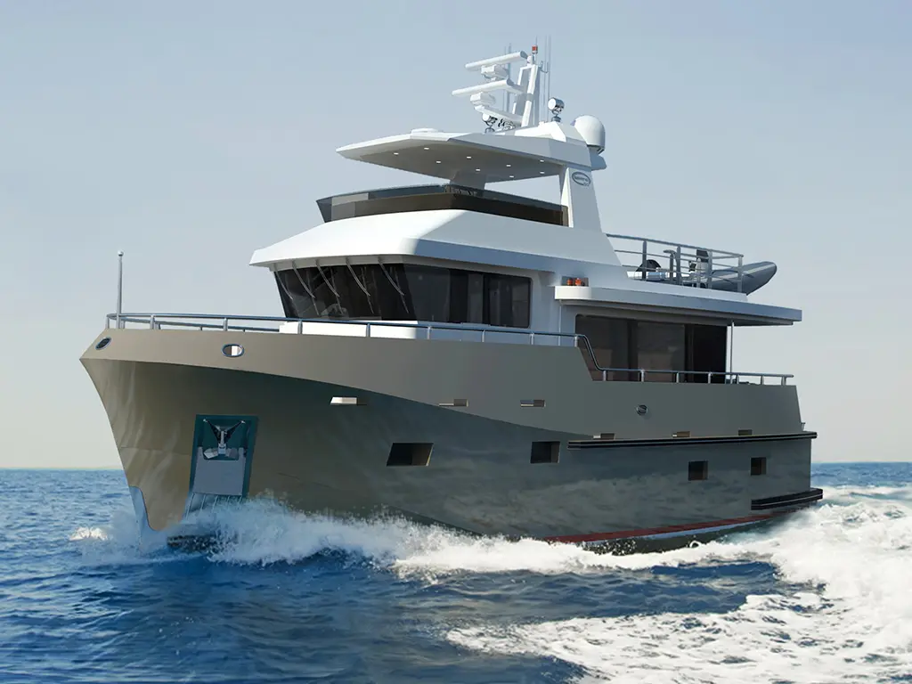 Luxury motor yacht cruising through calm waters, featuring a sleek grey hull and modern upper deck design.