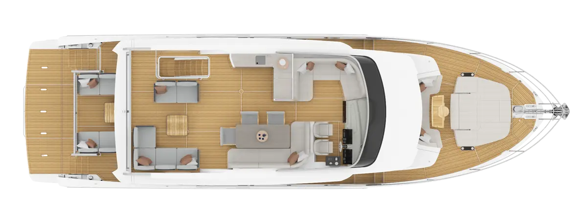 Aerial view of a spacious luxury yacht deck featuring seating areas, a dining table, and polished wooden flooring.
