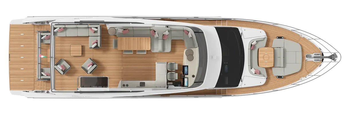 Aerial view of a luxury yacht deck featuring seating areas, a dining table, and a helm station amid polished wood flooring.