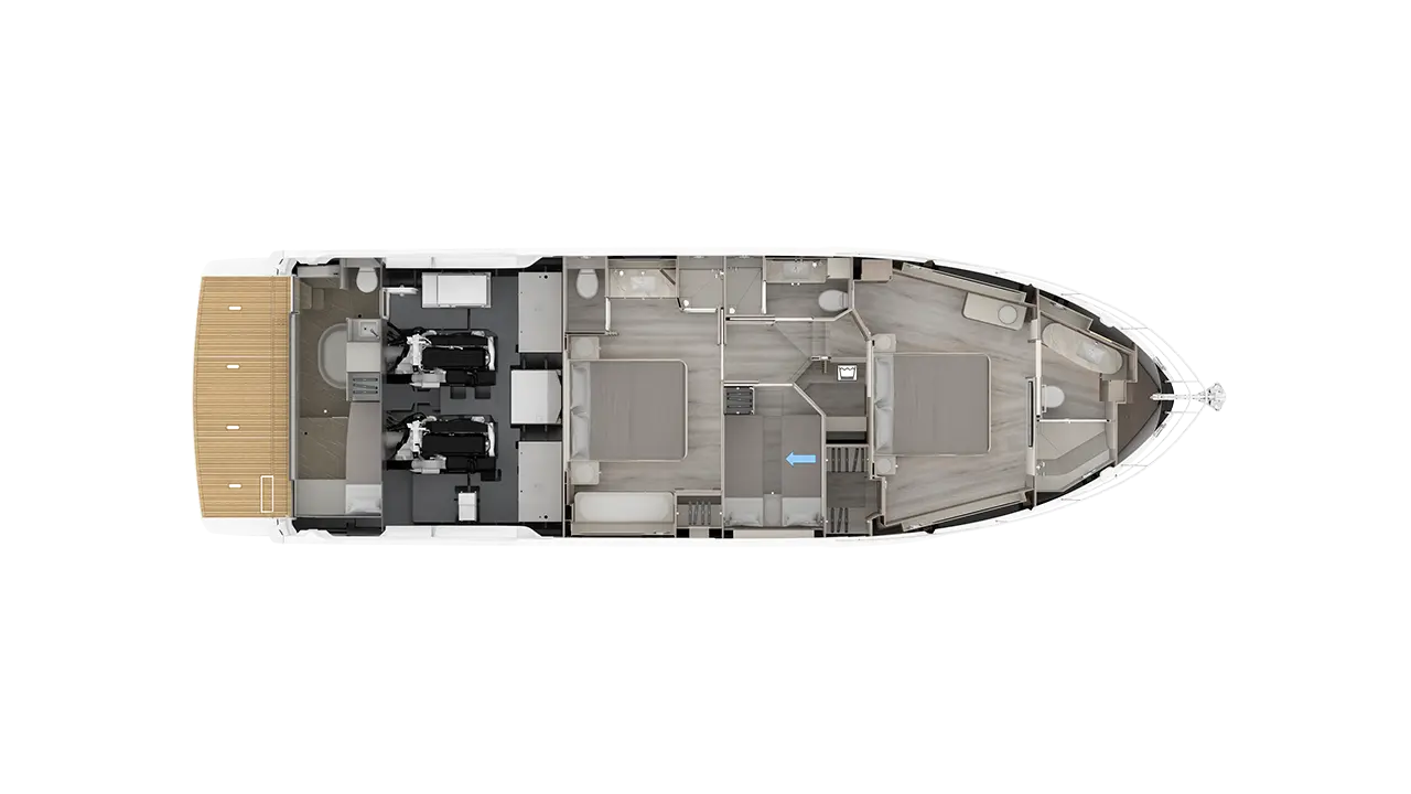 Overhead floor plan of a luxury motor yacht showing bedrooms, bathrooms, lounge, galley, twin engines and rear deck.
