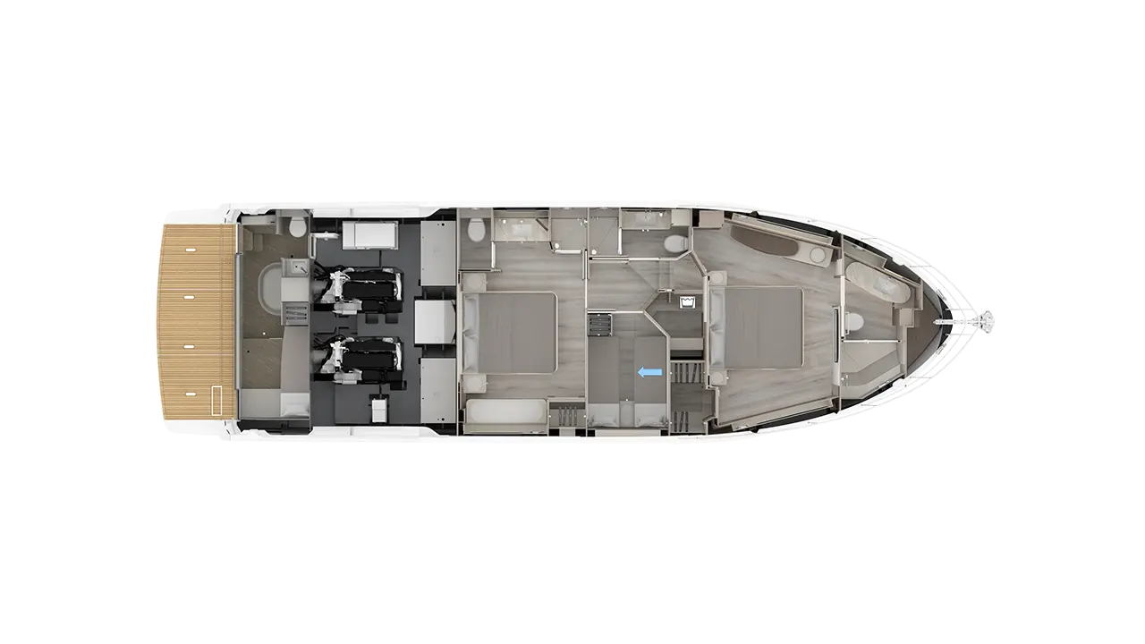Top-down yacht floor plan showing bedrooms, bathrooms, living areas and twin seats, with a blue arrow pointing left.