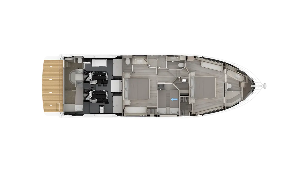 Top-down layout of a luxury motor yacht, showing cockpit, twin helm seats, cabins, bathrooms and lounge areas.
