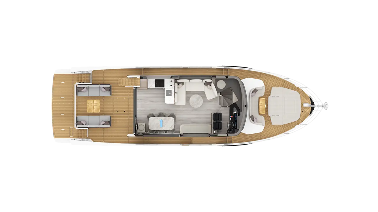 Top-down view of a luxury motor yacht interior with sofas, dining area, galley, helm and sun deck.