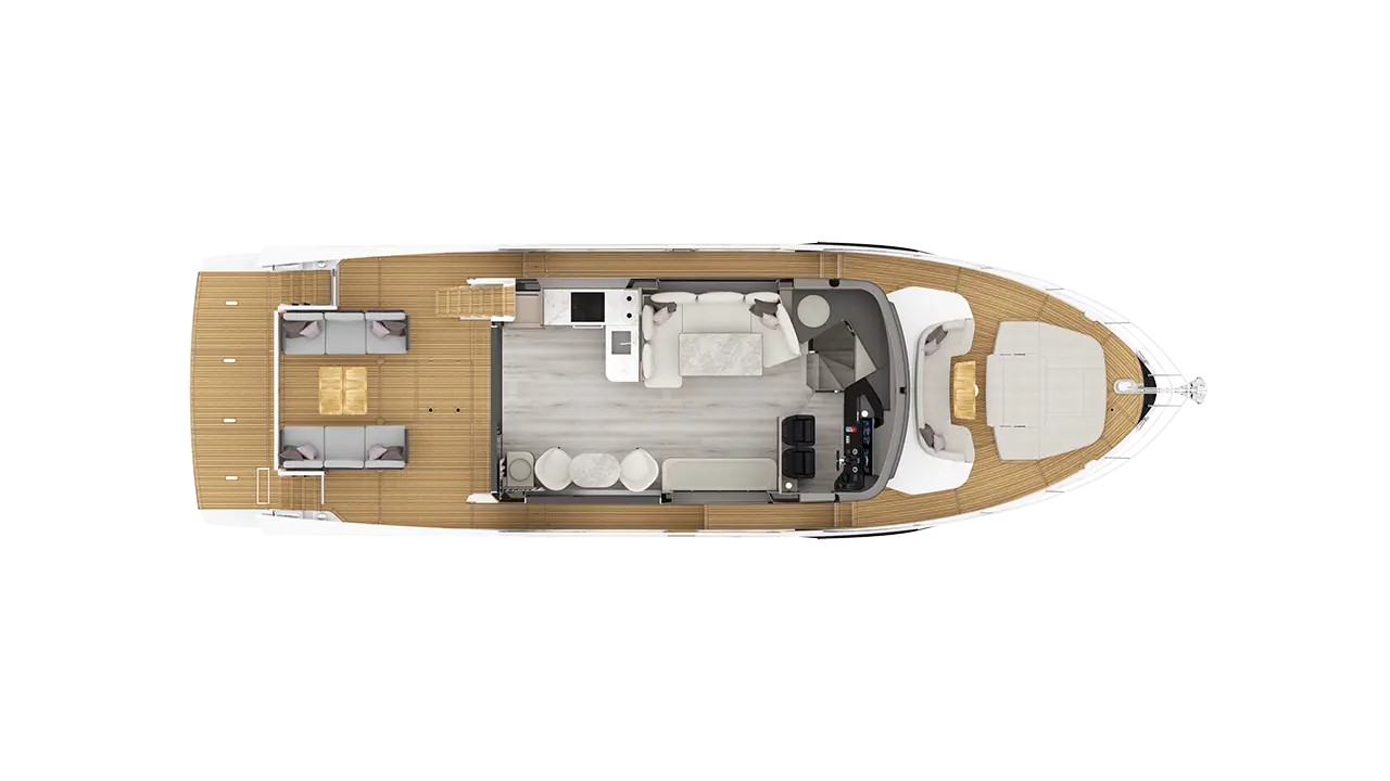 Top-down view of a luxury motor yacht interior with lounge seating, galley, helm, dining area and bow sunpads