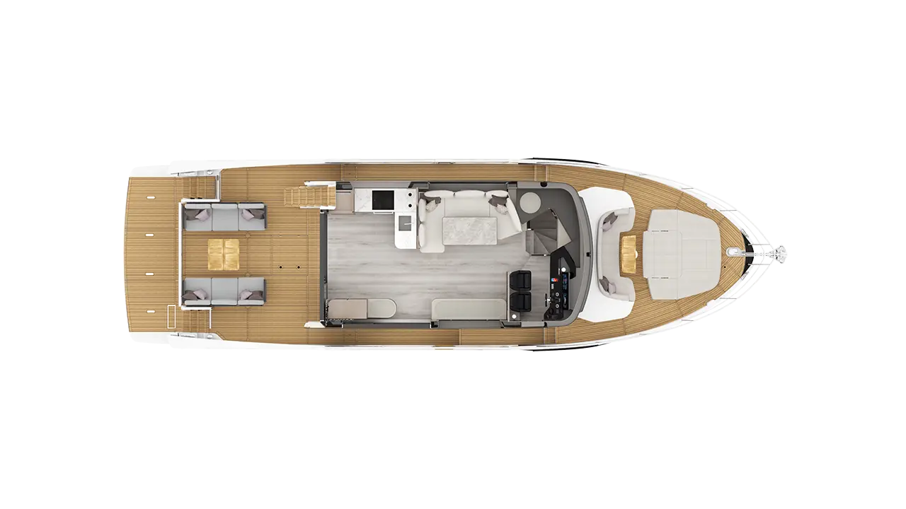 Top-down layout of a modern motor yacht with teak decks, cockpit seating, lounge, galley and helm.