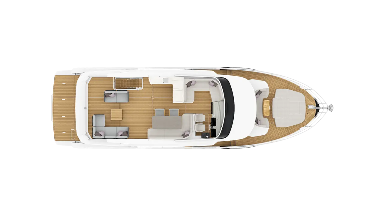 Overhead view of a luxury motor yacht with teak decking, seating areas, dining table and cabins.