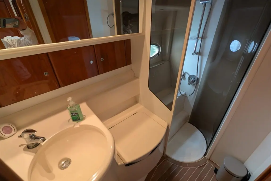 Compact bathroom featuring a sink, toilet, shower, and mirror; includes hand sanitiser and wooden storage cabinets.