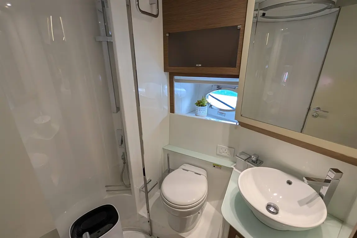 Modern bathroom featuring a shower, toilet, and sink, with natural light from a window and a decorative plant.