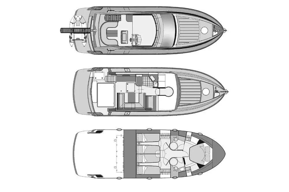 Top, middle, and bottom views of a boat layout showcasing seating arrangements and steering positions in monochrome.
